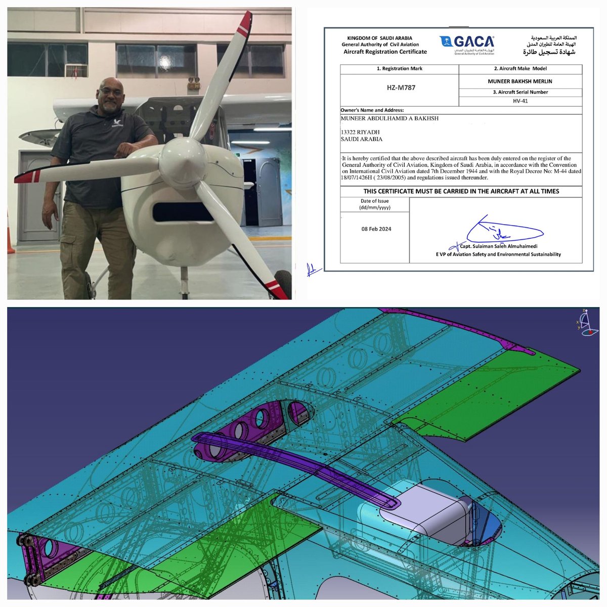 أشكر الهيئة العامة للطيران المدني على إصدار شهادة تسجيل طائرتي HZ-M787 والتي صنعتها بنفسي تحت فئة Experimental ويعتبر هذا التسجيل لاول طائرة سعودية من هذي الفئة وستفتح الاْبواب للمخترعين وهواة الطيران بصناعة طائراتهم وتسجيلها 🇸🇦