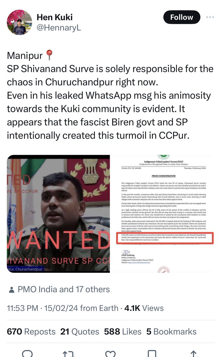 nareshchandra_1's tweet photo. In a most remarkable turn of events, the SP of Churachandpur has been declared “Wanted” by the #Kukis 🍪 🍪 😢
Now we all know Maratha “shers” are not the types who back down on mere threats. 

साहेब शिवानन्द सुरवे जी Call IRB/commando backup and go after these savages!! We are with you! 

Jai Bhawani Jai Shivaji 
जय भवानी जय शिवाजी 

🙏 🚩🇮🇳