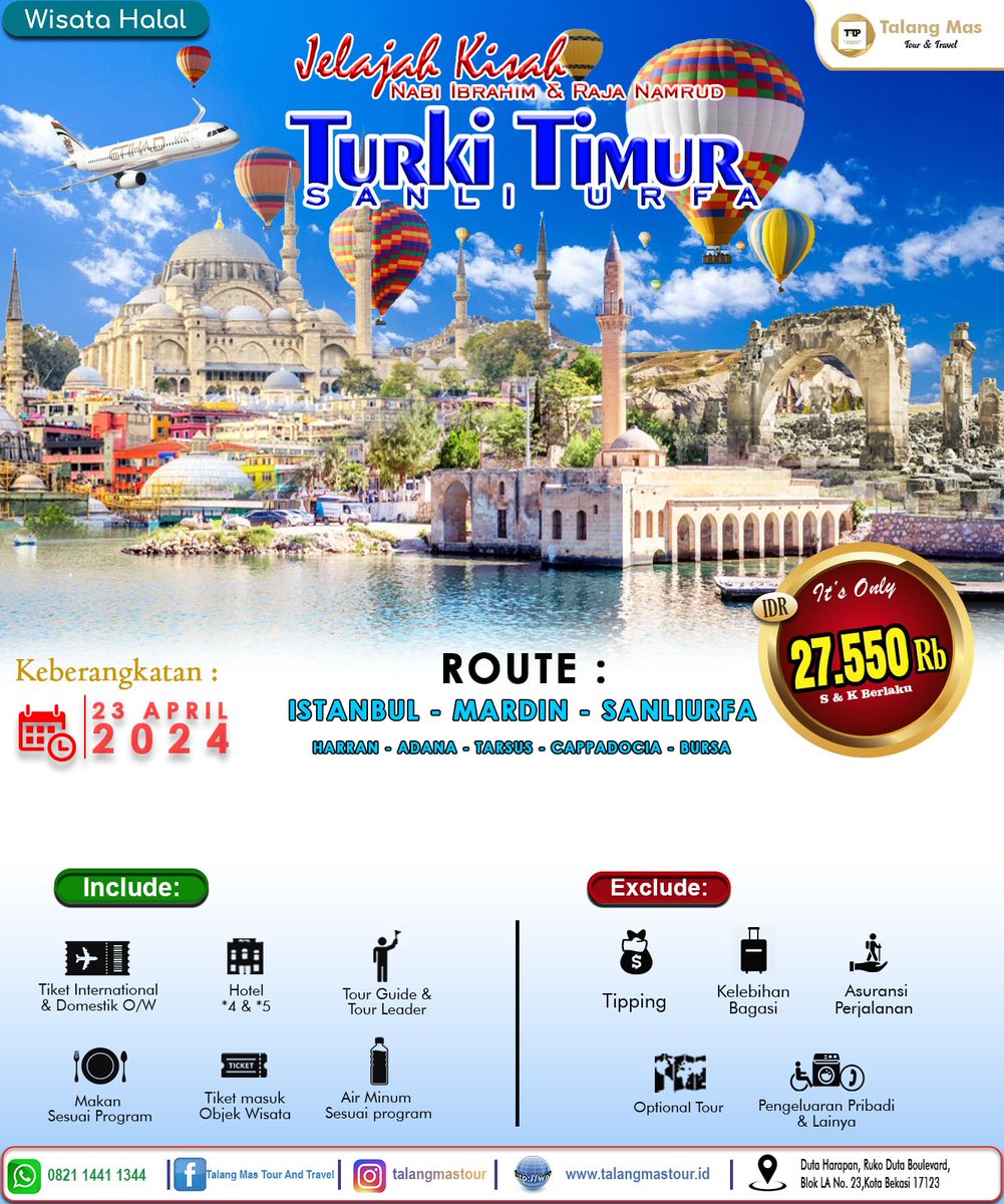 talangmastour's tweet photo. Paket Wisata Turki Timur Sanliurfa Premium di Bulan April 2024

Talang Mas Tour kembali membuat Paket Wisata Turki Timur Sanliurfa. Waktu keberangkatan pada Bulan April 2024. Keberangkatan menggunakan maskapai ternama dengan harga terjangkau.

Cek info https://t.co/acZxoapUXN https://t.co/cxlnXhFhXN