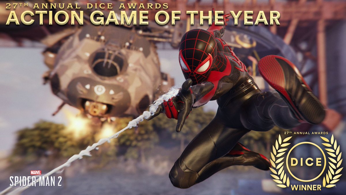 Official_AIAS's tweet photo. Congratulations to #SpiderMan2PS5 for winning the #DICEAwards for Action Game of the Year! https://t.co/QAoBqw5rqJ