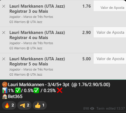 Só quem ta no grupo do <a href="/campeaodegreens/">Campeão de Greens 🏆</a> sabe a emoção que foi acompanhar essa escadinha do Lauri Markkanen, por pouco não completamos ela. Amanhã teremos mais✌️🏻. 
Link: t.me/campeaodegreens