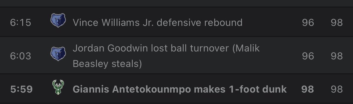 TCarmTheGoat's tweet photo. Correct the steal for Giannis at 6:03 in the 4th quarter. It was originally credited to him then changed to Beasley. There’s literally a highlight on the ESPN app of him poking the ball out, crowder gets its and passes to Giannis who then scores. This is ridiculous @nbastats 

Beasley literally doesn’t touch the ball in this entire sequence