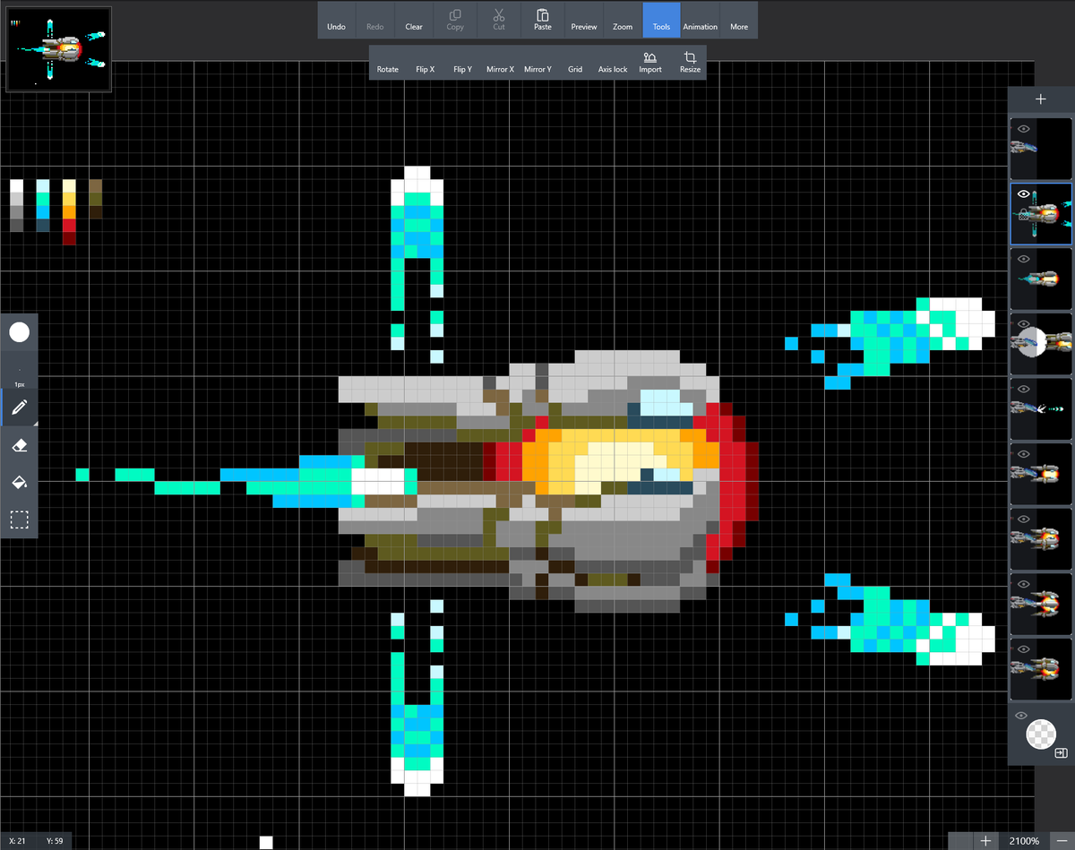 Gamedesigndiary's tweet photo. I've moved to Pixel Art on the PC from an Android app. Just finished all the player ship sprites &amp; I'm working  on the maxed up module. I also made a micro version of all R-Type levels &amp; enemies within. Next up, animation #retro #rtype #pixels https://t.co/xXYCuLoWey