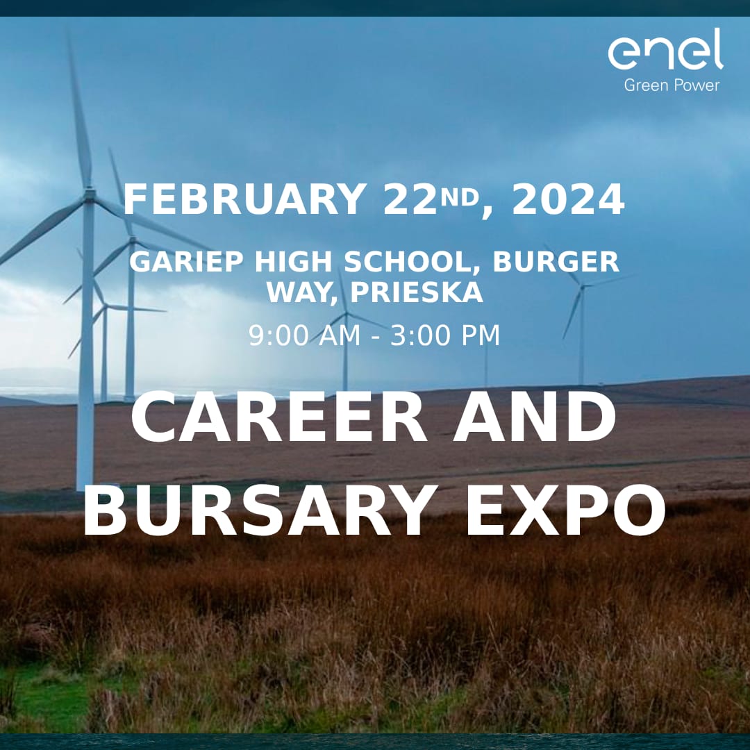 myncapetv's tweet photo. On Thursday, Fenruary 22, 2024 we out at Gariep High School in Prieska for the Garob Wind Farm Career Day and Bursary Expo, presented in partnership with Enel Green Power. Calling all Grade 10-12 students to come explore renewable energy careers and bursary opportunities! https://t.co/a4DiUOX66B