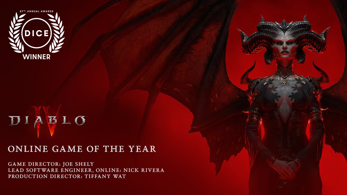 Play together. Slay together 😈😈😈

Thank you to @Official_AIAS for awarding #DiabloIV Online Game of the Year at the 2024 #DICEAwards.