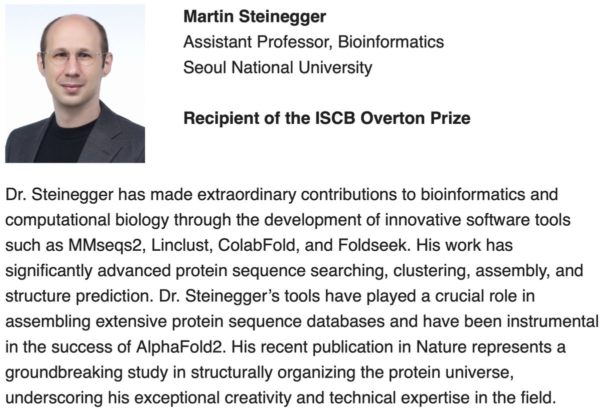 It feels surreal to receive the Overton Prize from @ISCB! This reflects the incredible support of my mentors (@SoedingL, @StevenSalzberg1), collaborators, postdocs, students and friend @milot_mirdita. Excited to share this journey with you all at #ISMB2024 in Montreal.