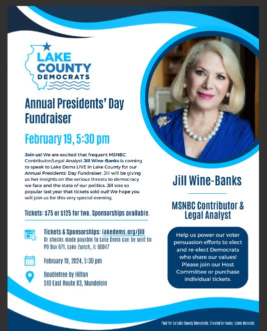 With all that’s happening in the news, who better to hear from than our friend, MSNBC analyst <a href="/JillWineBanks/">Jill Wine-Banks (now on Threads and Bluesky)</a>? Join us for our Lake Dems Presidents’ Day Event at 5:30 pm in Mundelein. Hear from Jill and spend some time with Democratic friends. Tickets at lakedems.org/jill