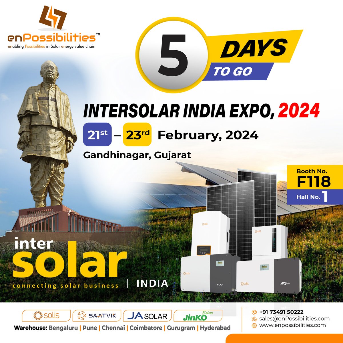 Counting down the days to the bright future of solar innovation at Intersolar India Expo 2024 in Gujarat! Only 5 days left to join the renewable energy revolution

#enpossibilities #gujaratexpo #intersolar2024 #SolarProducts