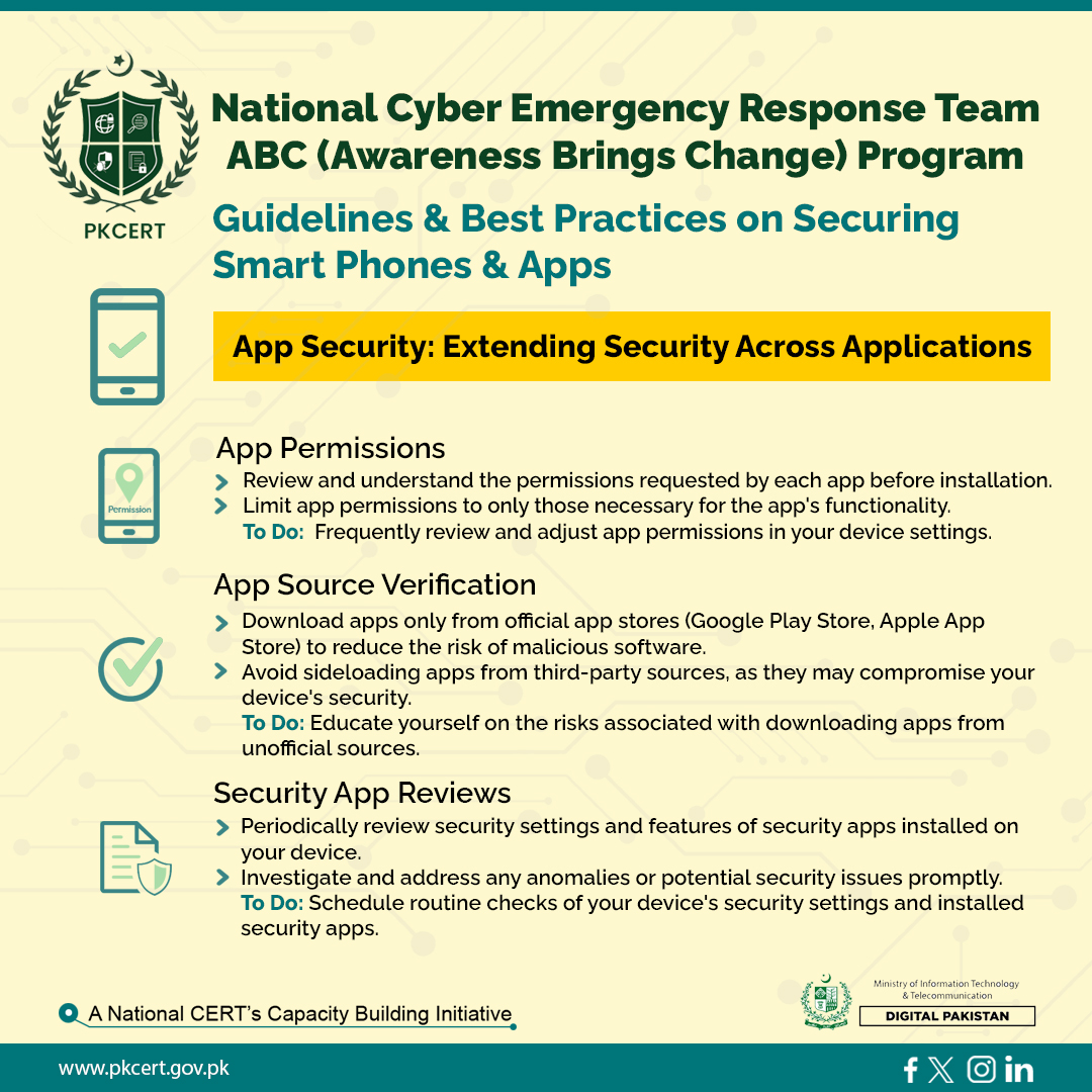 PKCERT_official's tweet image. #NationalCERT's ABC Program! Foundation 5-PartB! Extend security across your apps! Before installing, review permissions carefully. Keep auditing &amp;amp; adjusting permissions. Stick to official app stores for safer downloads. Own your digital space securely! #AppSecurity #ABCProgram