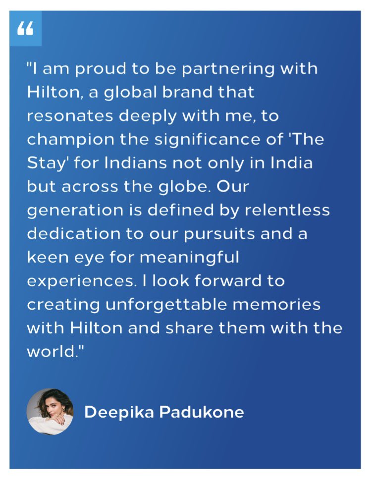 Deepika Padukone on being appointed as Hilton’s Global Brand Ambassador 

“I’m proud to be partnering with a global brand like Hilton to share the importance of The Stay for Indians worldwide…” 

#DeepikaPadukone #HiltonForTheStay