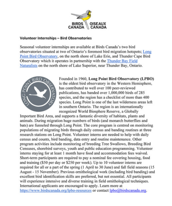 BirdsCanada_ON's tweet photo. Long Point Bird Observatory and Thunder Cape Bird Observatory are seeking cooperators for the field season running from April 1-June 30, and August 15-November 15. This is an excellent opportunity to gain valuable experience in Migration Monitoring  https://t.co/pFZFpyxdvI https://t.co/umav9l7vbZ