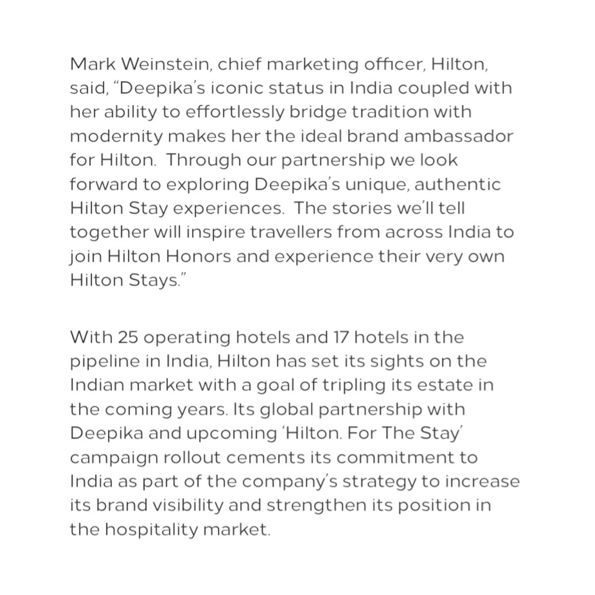 “Deepika’s iconic status in India coupled with her ability to effortlessly bridge tradition with modernity makes her the ideal brand ambassador for Hilton...” - Mark Weinstein, chief marketing officer, Hilton

#DeepikaPadukone #HiltonForTheStay