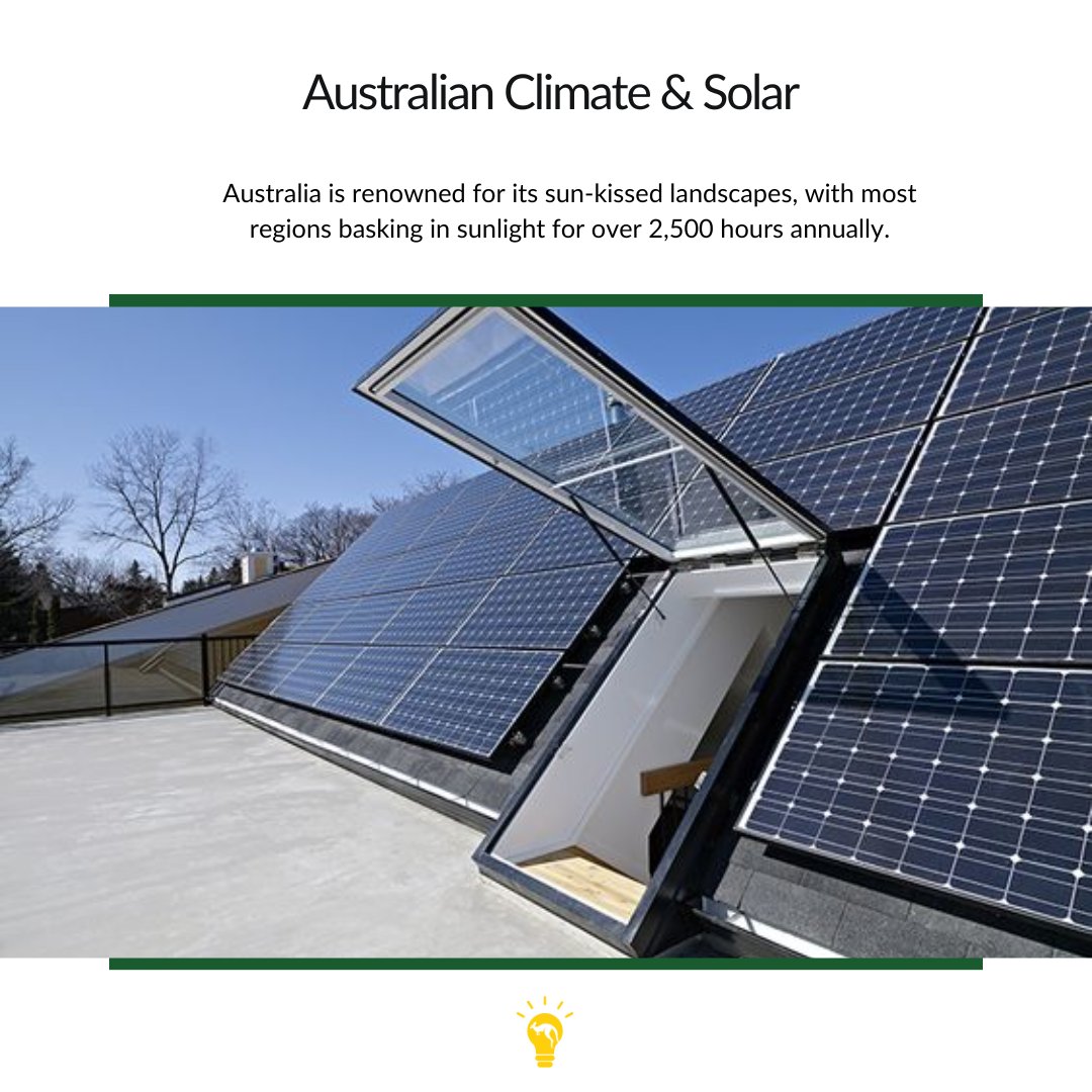 Australia is renowned for its sun-kissed landscapes, with most regions basking in sunlight for over 2,500 hours annually. This natural abundance makes the country a prime candidate for solar energy.

#SolarAustralia #CleanEnergyAustralia #GreenAustralia #RenewableResource