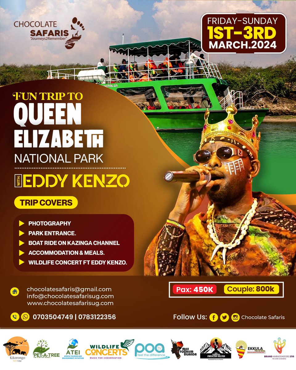 Join the adventure! Explore Queen Elizabeth National Park with @eddykenzoficial on March 1st - 3rd March 
Embark on a journey filled with Adventure, Music & Wildlife.
#MusicTourism #Journeys2Remember