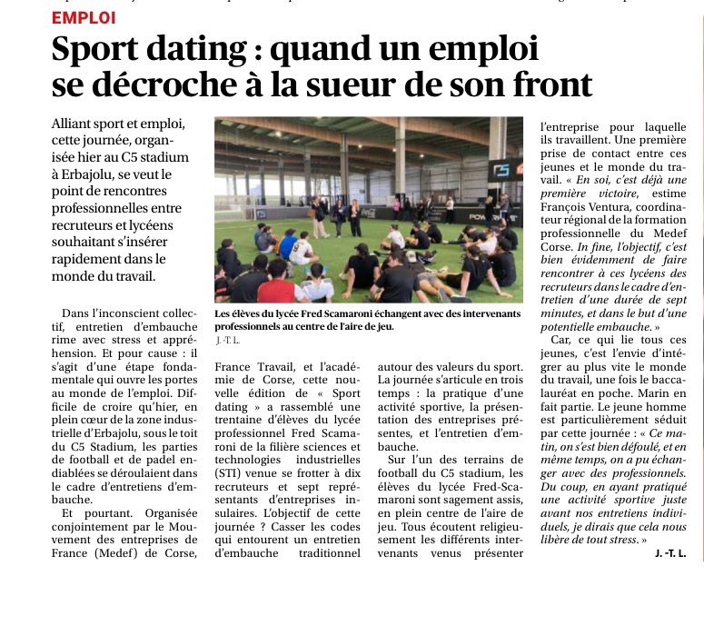 🗞️ [ LA PRESSE EN PARLE ]
Quand un emploi se décroche à la sueur de son front…
@academie_corse <a href="/FTravail_Corse/">France Travail Corse</a> <a href="/lyceepro/">Jean-Paul Crey</a>.fredscamaroni <a href="/c5/">c5</a>.stadium <a href="/Corse_Matin/">Corse-Matin</a> 
#recrutement #emploi #entreprise #jobdating #sportdating #job