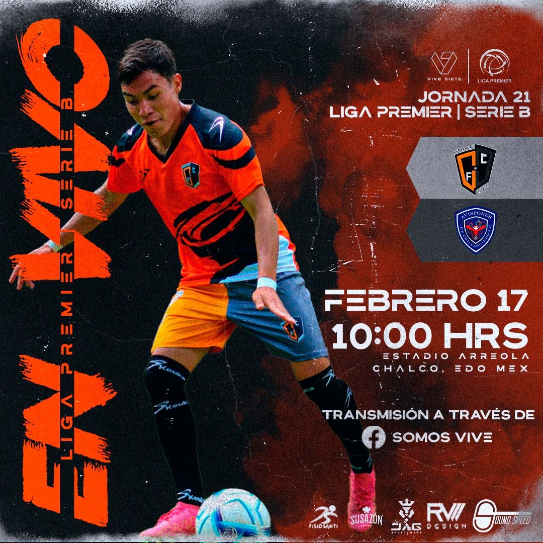 #ViveSiete #LigaPremier
<a href="/LigaPremier_FMF/">Liga Premier FMF</a> 
 Serie B / Jornada 21

<a href="/huracanesifc/">Huracanes Izcalli FC</a> Vs <a href="/Avispones_Fc/">Avispones De Chilpancingo</a> 

🏟 Estadio Arreola, Chalco
🗓️ Sábado 17 de febrero, 10 h

En vivo a través de: 📱🔴🔵 facebook.com/ViveSieteMex/

Patrocinador oficial:

#SuSazón
#JAGSportsWear
#RVDesign
#SoundSpeed
