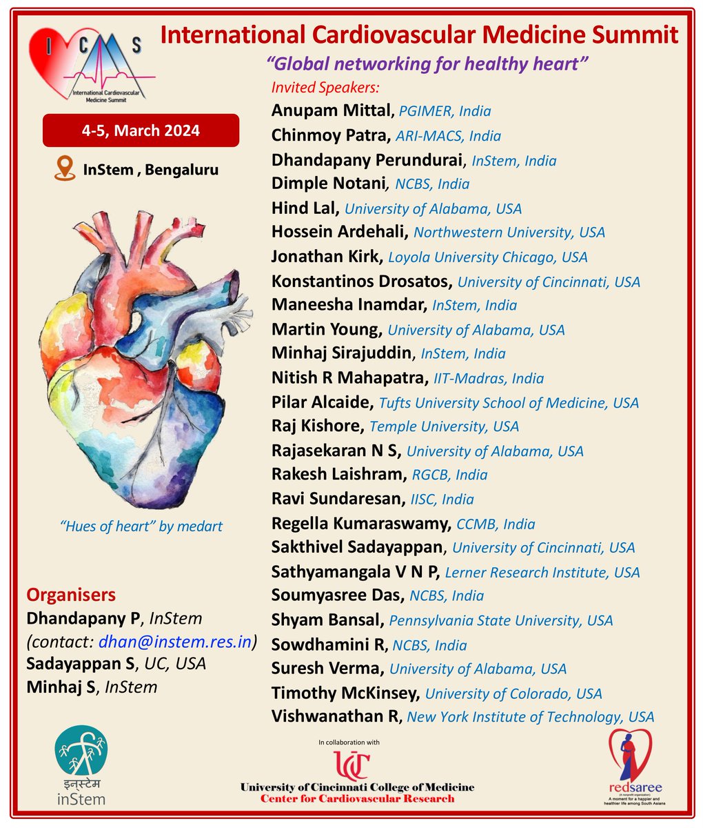 iBRIC-inStem (@dbt_instem) on Twitter photo #Event #Alert inStem will be hosting the International Cardiovascular Medicine Summit March 4th-5th. Check out the list of speakers!
Collaboration with <a href="/UCincyMedicine/">UC College of Medicine</a>
Organizers: <a href="/Dhan_inStem/">Dhandapany Perundurai</a> <a href="/ms_chirps/">Minhaj Sirajuddin</a> & Dr Sadayappan, Universty of Cincinnati
#Cardio #vascular #international #Event #Alert inStem will be hosting the International Cardiovascular Medicine Summit March 4th-5th. Check out the list of speakers!
Collaboration with <a href="/UCincyMedicine/">UC College of Medicine</a>
Organizers: <a href="/Dhan_inStem/">Dhandapany Perundurai</a> <a href="/ms_chirps/">Minhaj Sirajuddin</a> & Dr Sadayappan, Universty of Cincinnati
#Cardio #vascular #international