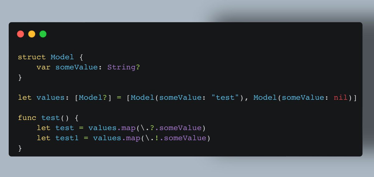 mitrevski's tweet image. TIL: When mapping through an array of values in Swift, if the key path root is optional, you can unwrap it directly with ".?." or ".!." (rather unfortunate the latter one).
#iosdev #swiftlang