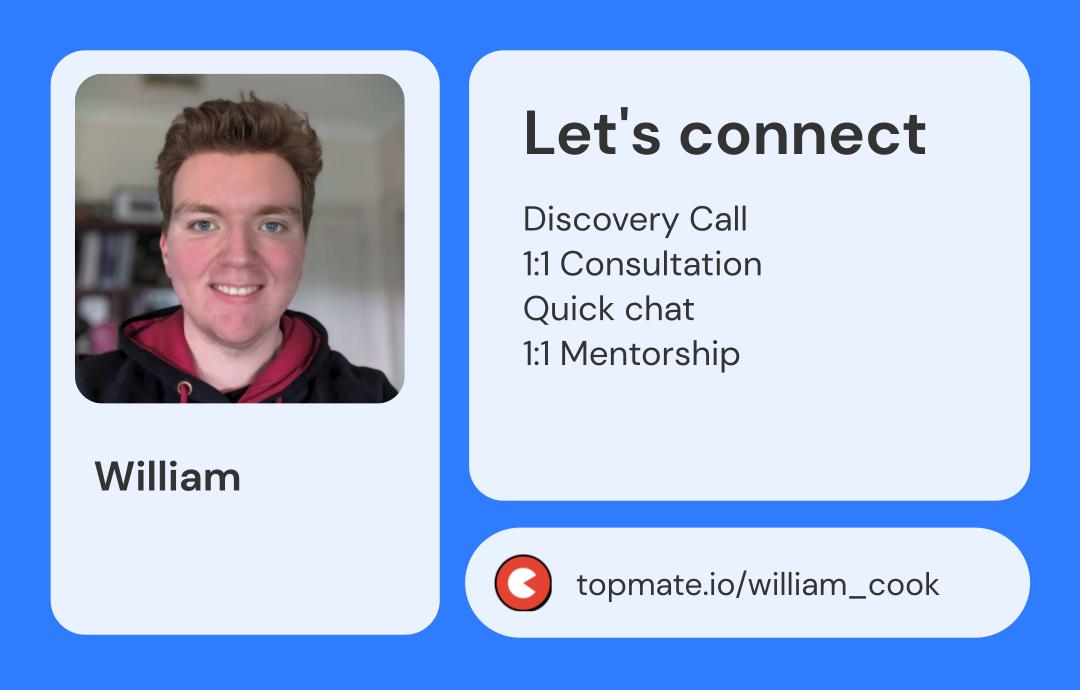 Hey folks!

I've been getting a lot of DMs for guidance, so decided to take action on it.

I'm excited to help folks out and give back to the community via Topmate. Don't hesitate to reach out if you have any questions or just want to say hi!
I'm at topmate.click/wmtcm
