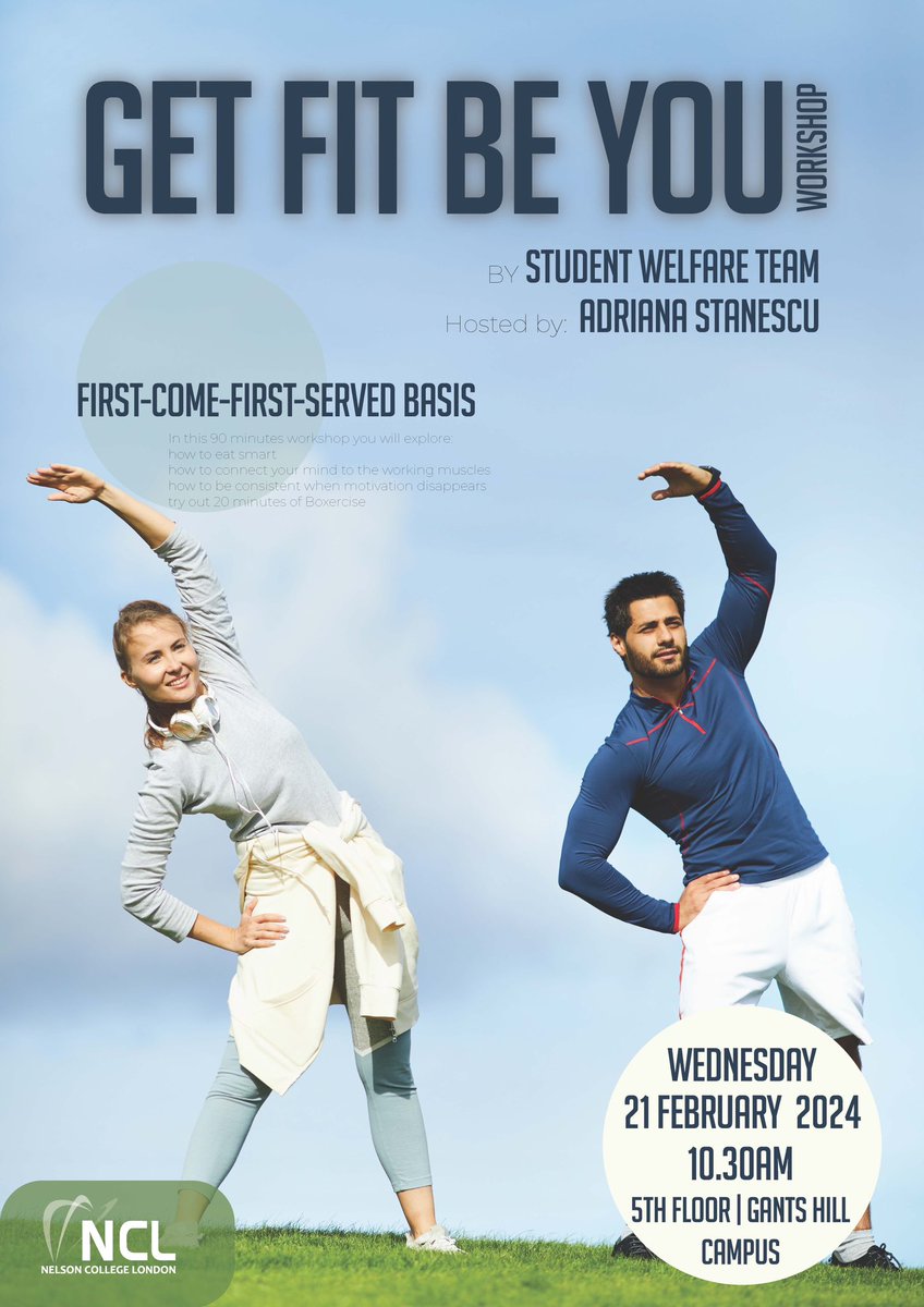 Join us for our ‘Get Fit Be You’ Workshop on Wednesday 21st February 2024, 10:30am at Gants Hill campus, 5th floor!

First come first served basis!

#studentwelfare #getfitbeyou #workshop