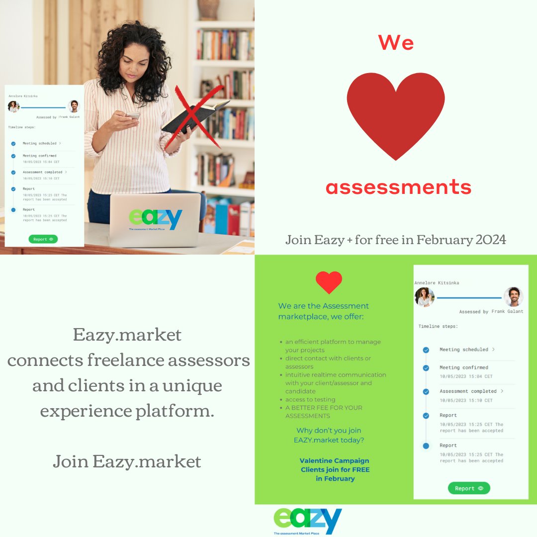 At Eazy.market we love assessments!
In February 2024 you can join our unique Experience platform where we connect freelance assessors and clients for free!
What are you waiting for?
eazy.market
#assessements #talentacquisition #talentmanagement #freelance