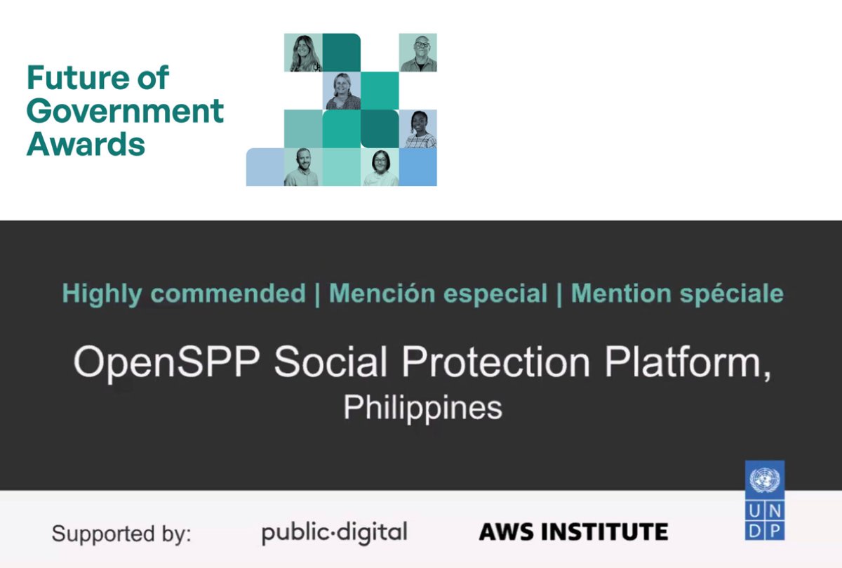 OpenSPP (@openspp) on Twitter photo We are excited to announce that OpenSPP has been honored with the "Highly Commended" distinction in the #OpenSource Creation category at the #FutureofGovernmentAwards presented by <a href="/UNDPtech/">UNDP Tech, Innovation and Sustainable Development</a>, <a href="/PublicDigitalHQ/">Public Digital</a>, and <a href="/AWS_Gov/">AWS for Government</a>.
This honor highlights our team's dedication to We are excited to announce that OpenSPP has been honored with the "Highly Commended" distinction in the #OpenSource Creation category at the #FutureofGovernmentAwards presented by <a href="/UNDPtech/">UNDP Tech, Innovation and Sustainable Development</a>, <a href="/PublicDigitalHQ/">Public Digital</a>, and <a href="/AWS_Gov/">AWS for Government</a>.
This honor highlights our team's dedication to
