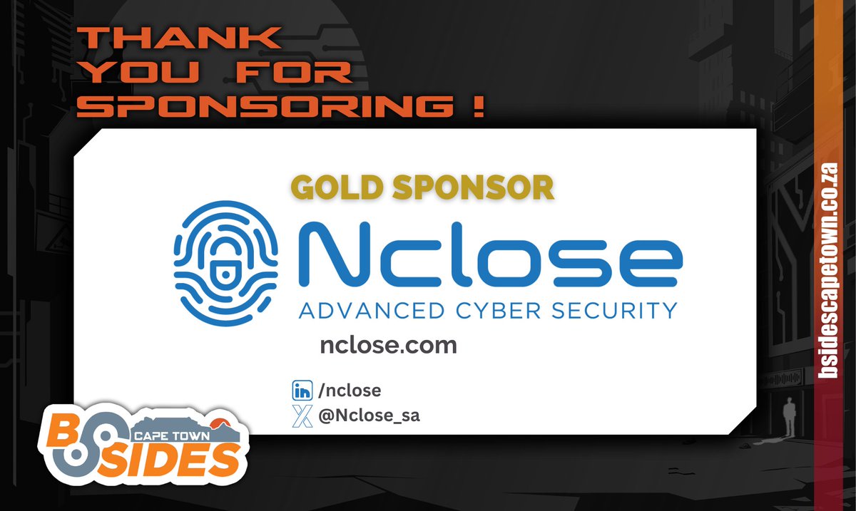 BSidesCapeTown's tweet photo. As we start prepping for BSides Cape Town 2024, we'd like to take this opportunity to thank our 2023 sponsors.

Many thanks to @Nclose_SA for being helping make BSides Cape Town 2023 possible! https://t.co/bIQj3Ns0Nn