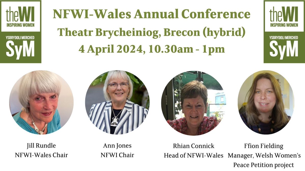 NFWIWales's tweet photo. Book your place at our hybrid Annual Conference on 4 April.

We are delighted that NFWI Chair Ann Jones will be speaking. Also we look forward to hearing about the fascinating story of the Welsh Women’s Peace Petition from guest speaker @FfionFielding. 

https://t.co/iLsdIqJgc0 https://t.co/TfEjMO04NS