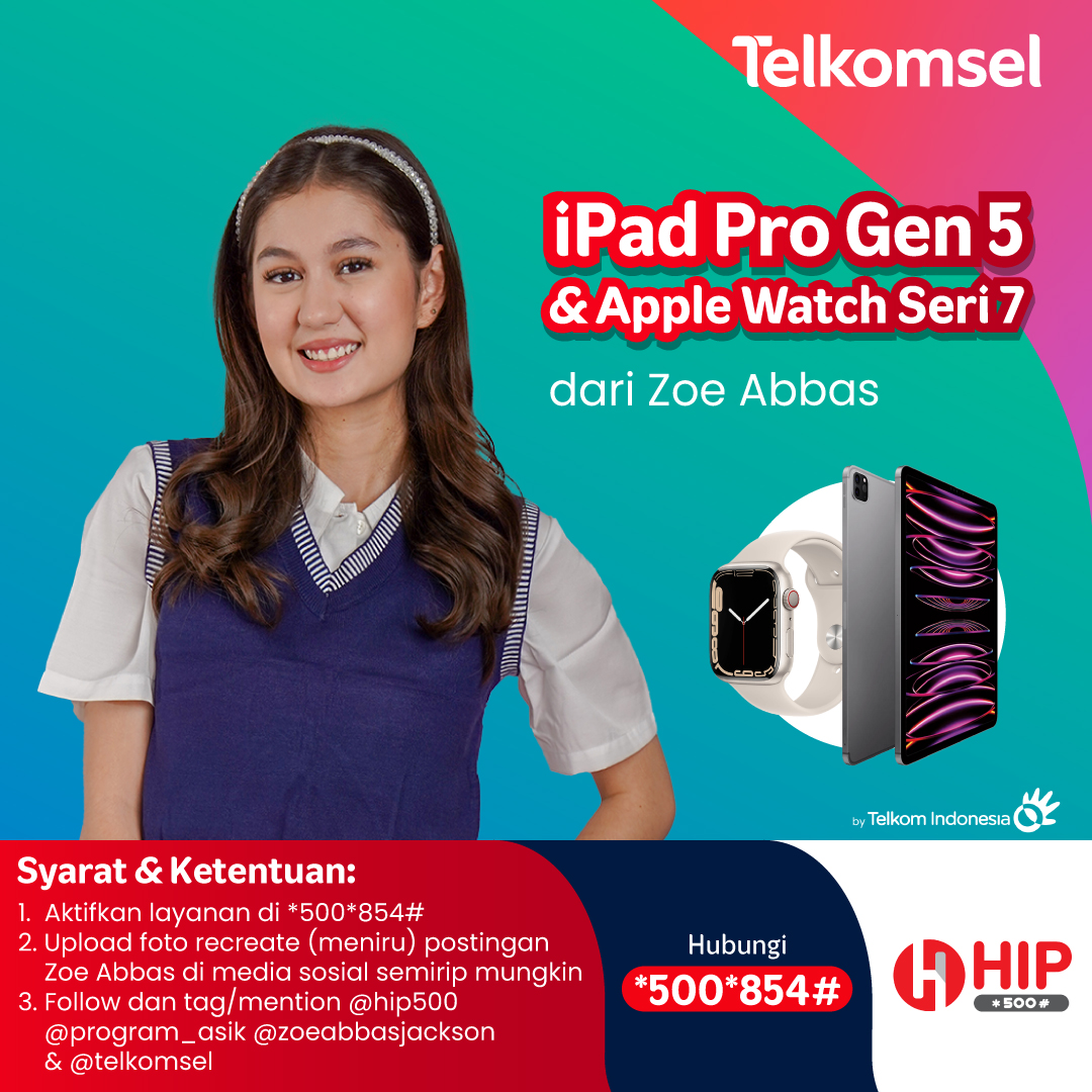 Telkomsel's tweet photo. Mau dapetin iPad Pro Gen 5 dan Apple Watch Seri 7 dari Zoe Abbas? Yuk, hubungi *500*845# untuk dapetin konten eksklusifnya, abis itu langsung upload foto recreate (meniru) postingan Zoe Abbas di media sosialmu.
Info klik #NgeHIPBarengZoeAbbas.
#hip500 #telkomsel #ngehipbareng https://t.co/PwQ29Nb5rN