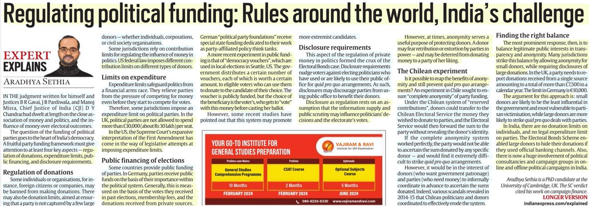 'Regulating Political Funding: Rules around the World, India's  Challenges'

:Details by Sh Aradhya Sethia
@sethiaaradhya 

#political #Funding 
#Regulation 
#ElectoralBonds #Transparency 
#CorporateFunding 
#PublicFunding #disclosure #privacy 
#Chile #UK #USA 

#UPSC
Source:IE