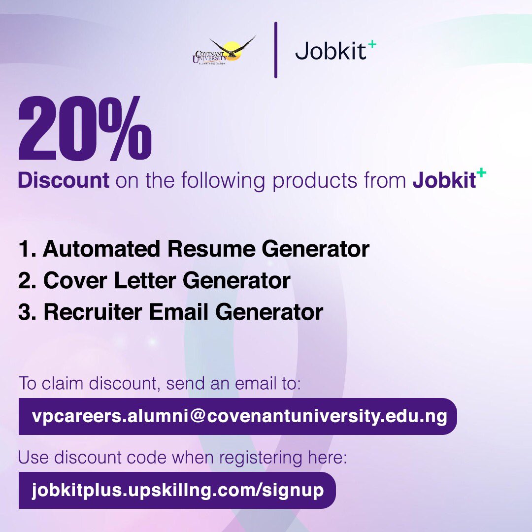 CovenantUAlumni's tweet photo. Exciting News! 🔥🙌🏽

We are thrilled to announce yet another partnership 🔥🔥🔥

CUALA has partnered with JobKit+ to empower Eagles on their career journeys.👏🏽

Jobkit+ is a job application assistant for job seekers. https://t.co/9hQ2rakD7q