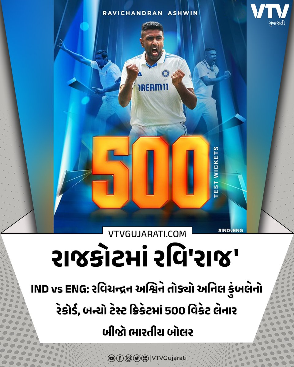 VtvGujarati's tweet photo. Ravichandran Ashwin 500 Test Wickets: આર. અશ્વિન બન્યો ટેસ્ટ ક્રિકેટનો કિંગ, બન્યો 500 વિકેટ લેનાર બીજો ભારતીય બોલર
#RavichandranAshwin #TestWickets #TeamIndia #TestKing #Bowler #Cricket #VTVGujarati #vtvcard https://t.co/DAyu59vAvw