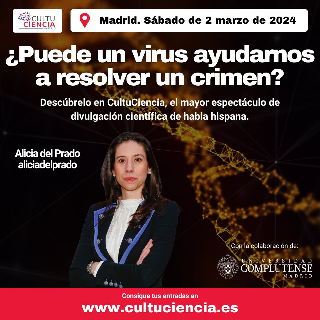 ¿Puede un virus ayudarnos a resolver un crimen? 🦠🔍 ¡Descúbrelo en la charla 🎤 de @AliciadelPrado el próximo 2 de marzo en la @unicomplutense ! ¡Compra tus entradas 🎟 en cultuciencia.es!