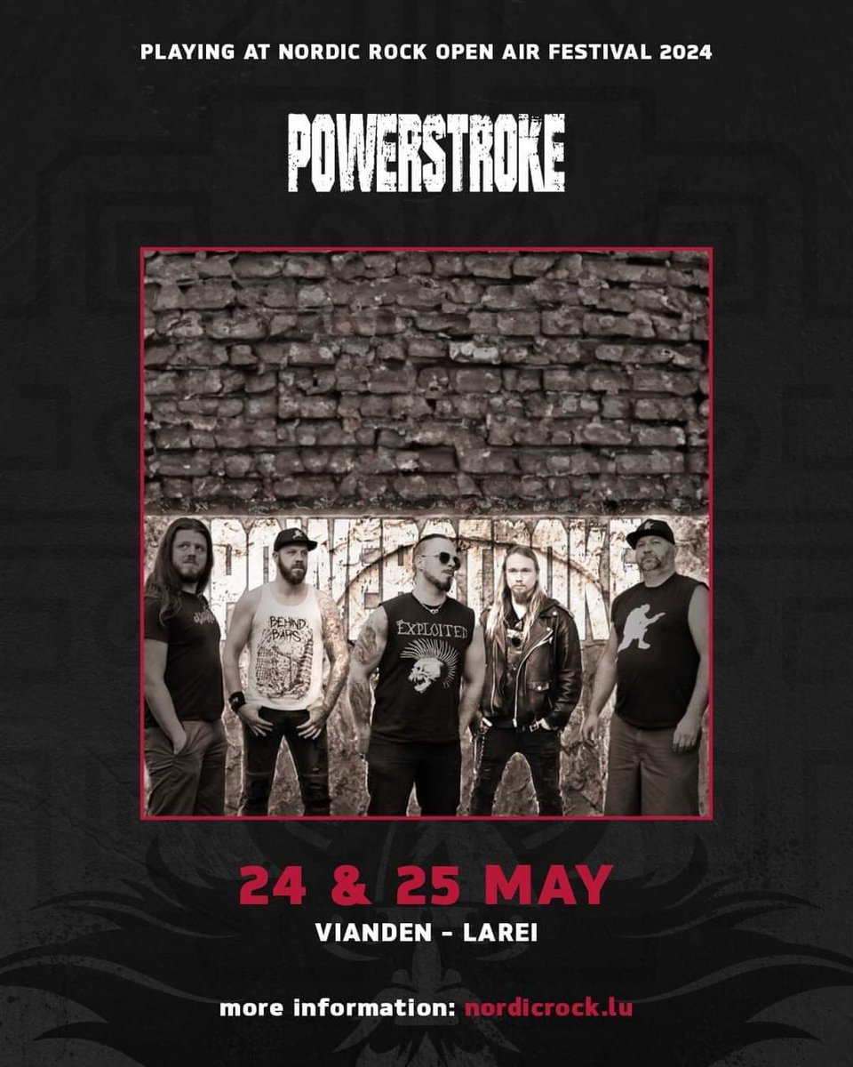 powerstrokeband's tweet photo. Just confirmed!
We play Nordic Rock Festival in Luxembourg in May together with Destruction, Oomph! and many more!

#nordicrock #nordicrockfestival #nordicrockopenair #powerstrokeband #luxembourg #rock #festival https://t.co/BRGzYZ3cX2