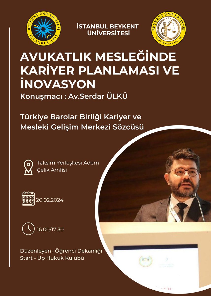 startuphukukbeu's tweet photo. Herkese merhaba arkadaşlar 👋🏻
Start Up Hukuk Kulübü olarak  “AVUKATLIK MESLEĞİNDE KARİYER PLANLAMASI VE İNOVASYON” isimli etkinliğimizle sizlerle birlikteyiz. Konuğumuz TÜRKİYE BAROLAR BİRLİĞİ KARİYER VE MESLEKİ GELİŞİM BİRİMİ SÖZCÜSÜ Av. Serdar Ülkü’yü okulumuzda ağırlıyoruz. https://t.co/qLxRhEy7gP