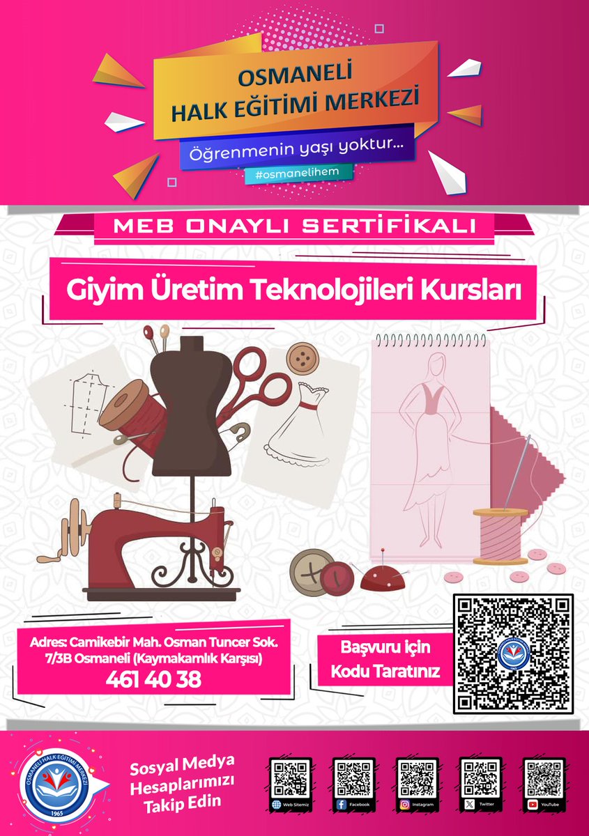OsmaneliHEM's tweet photo. Kurumumuz bünyesinde açılak olan Giyim Üretimi alanı kurslarında sınırlı sayıda boş kontenjan bulunmaktadır. Kurs başvurusu yapmak için https://t.co/fOfNEaeTIZ adresinde bulunan online kayıt formunu doldurabilirsiniz. "Öğrenmenin yaşı yoktur."
#osmanelihem https://t.co/s8K1RwbM4A