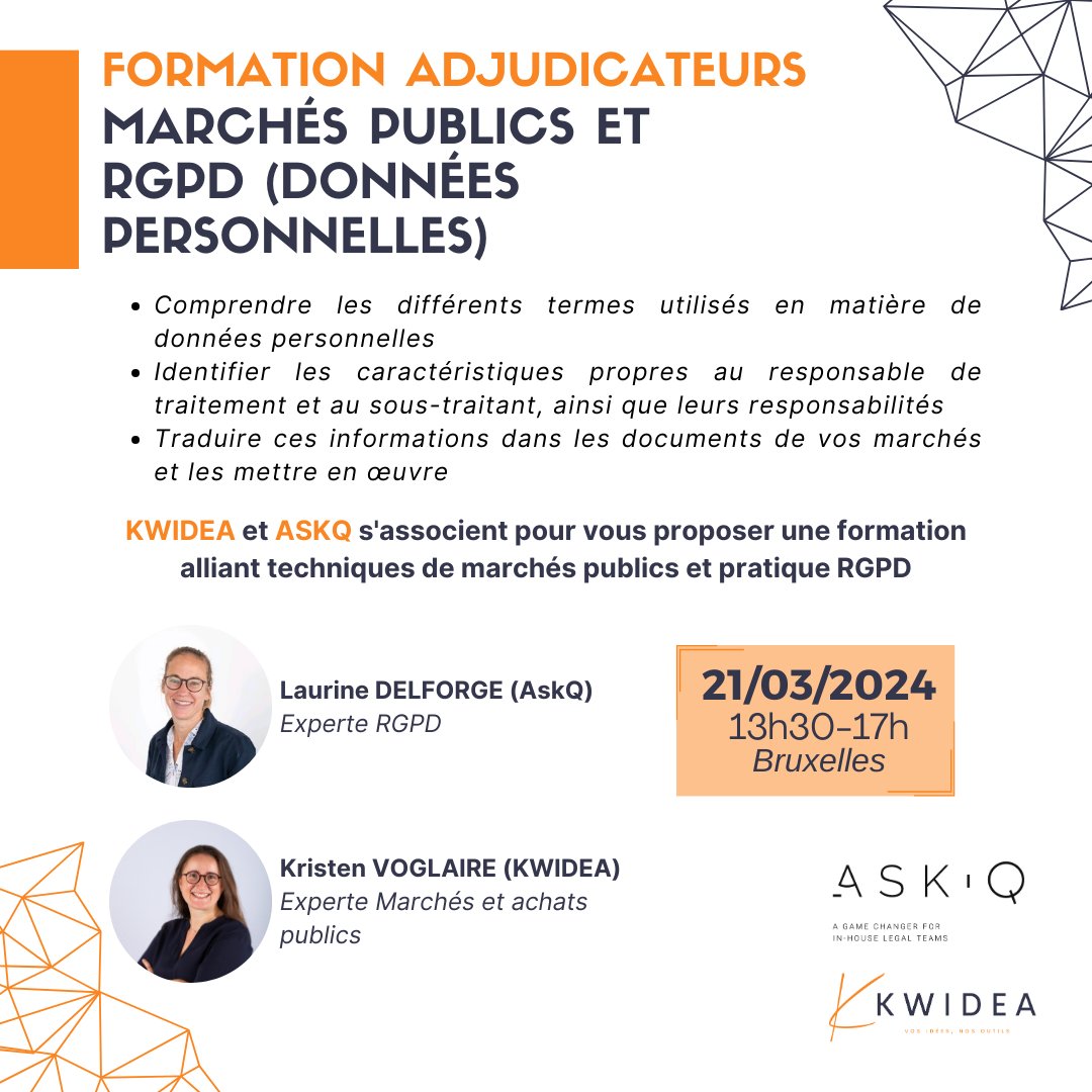 📢 📢 La formation incontournable "#Marchéspublics &amp; données personnelles (#RGPD)", c'est dans un peu plus d'un mois avec <a href="/ldelforge/">Laurine Delforge</a> (Ask Q) &amp; <a href="/kvoglaire/">Kristen Voglaire</a> (KWIDEA).
Réduction (-20%) : petites structures (<50p.) ou plusieurs inscriptions
👉kwidea.be