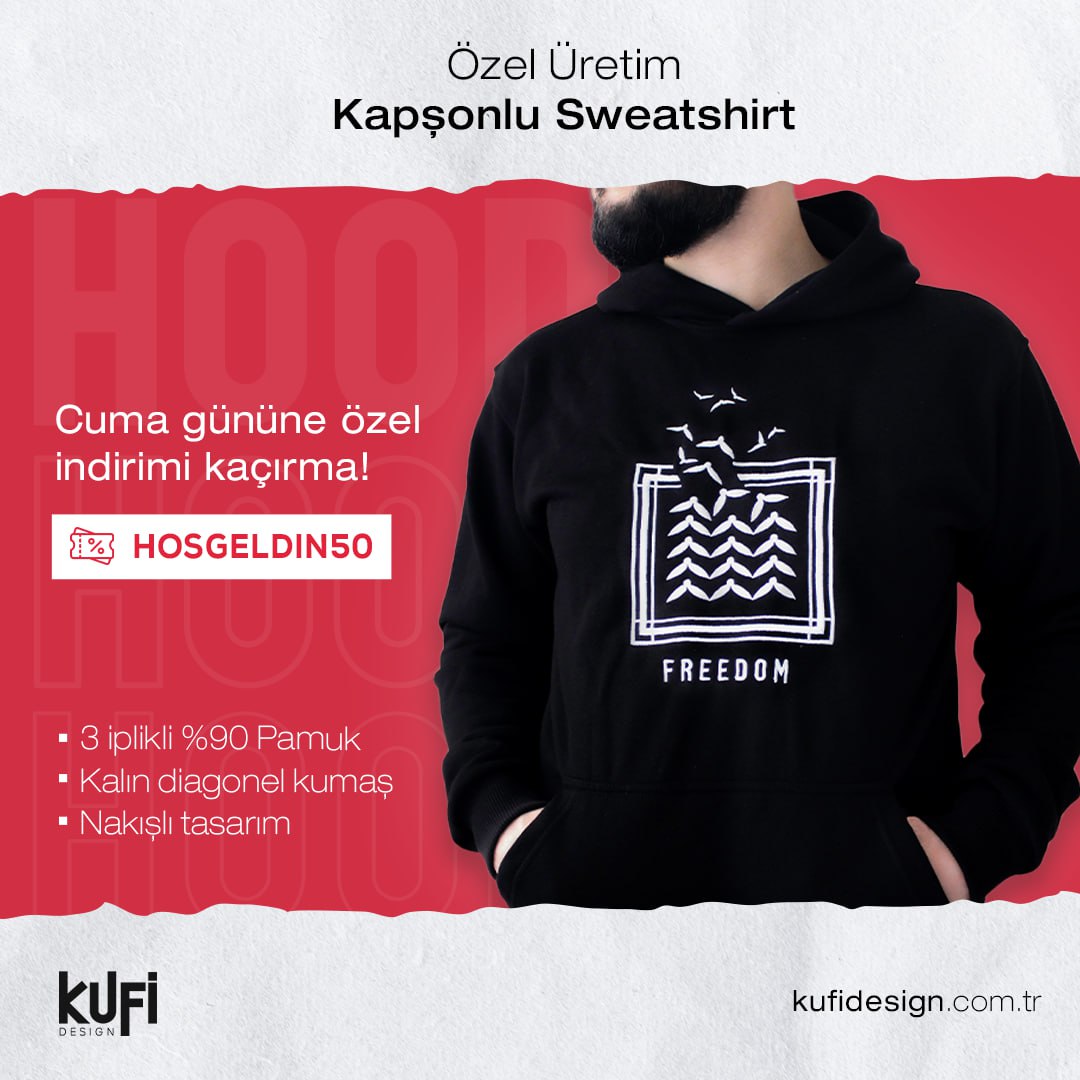 Cuma gününe özel nakışlı hoodie ürünümüzde indirim var. 🥳
#HOSGELDIN50 koduyla indirim kuponunu kullanabilirsiniz. Kaçırmayın!

🔻kufidesign.com.tr'den ve 05539327902 WhatsApp hesabından sipariş verebilirsiniz.