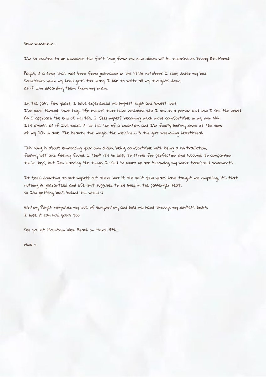 ninanesbitt's tweet photo. Dear wanderer…

Pages, the first song from my new album, will be released on Friday 8th March.

Pre-save here to join the adventure ⛰️

https://t.co/H3pSvkzDga https://t.co/CO9csgRTOT