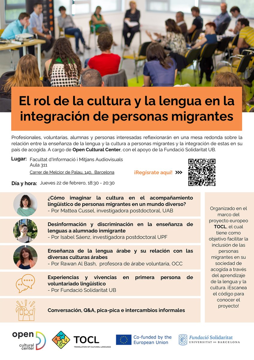 SolidaritatUB's tweet photo. 👅Quin rol juguen la #cultura i la #llengua en la #inclusiósocial de persones #migrants?
En el marc del projecte #TOCL i amb el suport de #SolidaritatUB, @OCC_Project organitza una taula rodona sobre el tema
🗓️Dijous 22 de febrer🕡18:30-20:30📍@FIMA_UB
✍️https://t.co/wxVR2xrhFT https://t.co/9RVhJy1zcb
