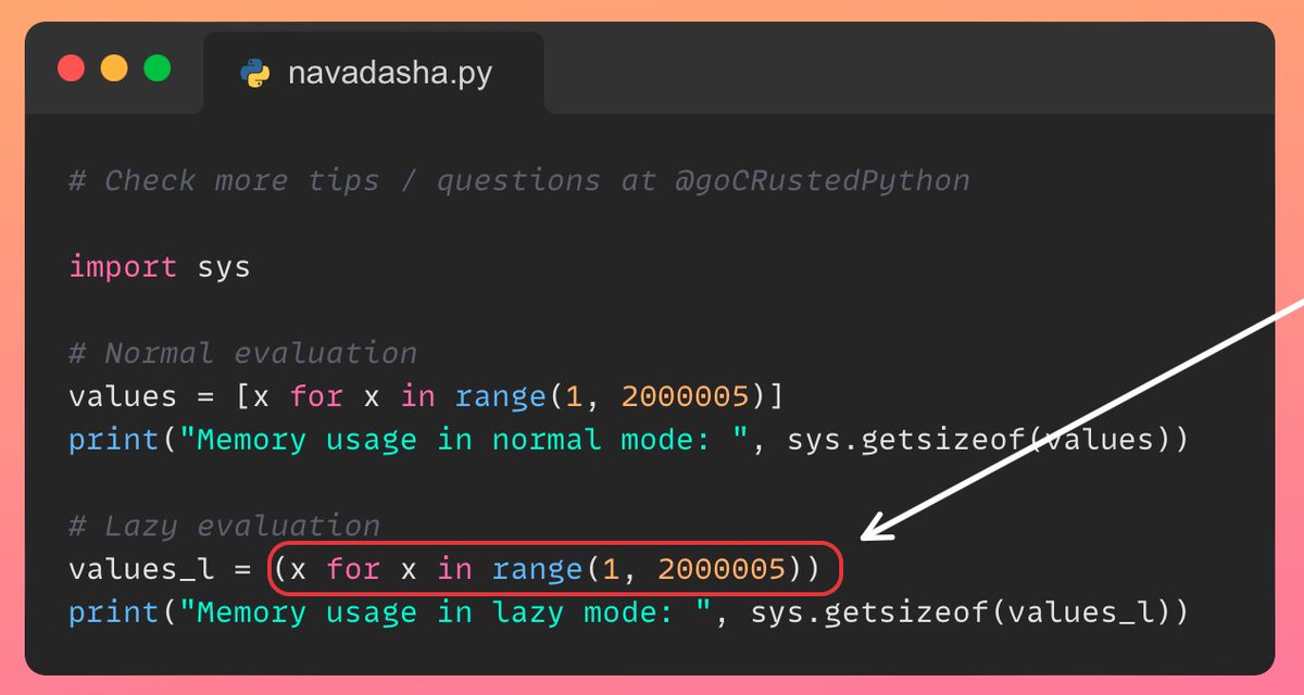 GoCRustedPython's tweet photo. #LazyEvaluation #Python 5: Have you seen in last #codesnippet that you can use these Generators in comprehensions also ? https://t.co/qegGBMzP7e
