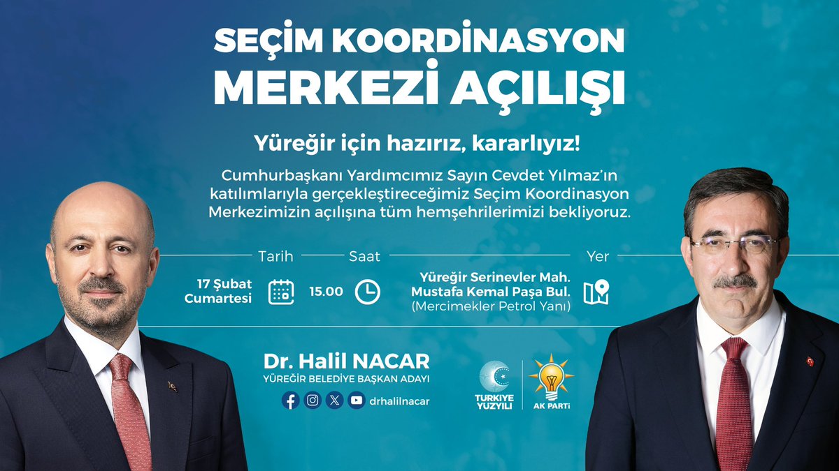 Yüreğir için hazırız, kararlıyız! Cumhurbaşkanı Yardımcımız Sayın Cevdet Yılmaz’ın katılımlarıyla gerçekleştireceğimiz Seçim Koordinasyon Merkezimizin açılışına tüm hemşehrilerimizi bekliyoruz. 📅 17 Şubat Cumartesi 🕟 15.00 📍 Yüreğir Serinevler Mahallesi, Mustafa Kemal Paşa