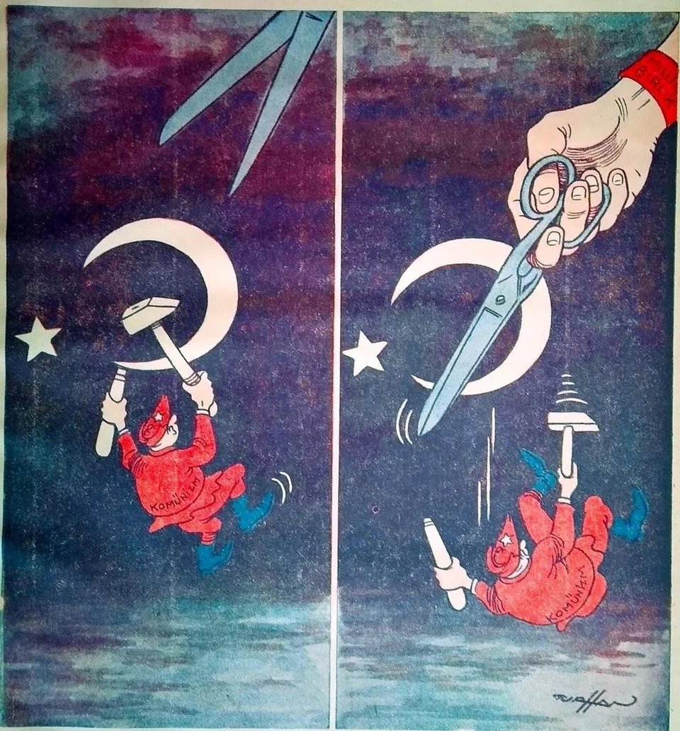 propagandopolis's tweet image. Turkish anti-communist cartoon (1949) showing a giant hand labelled 'National Unity' trimming a communist's hammer and sickle causing him to fall away, leaving just the star and crescent.