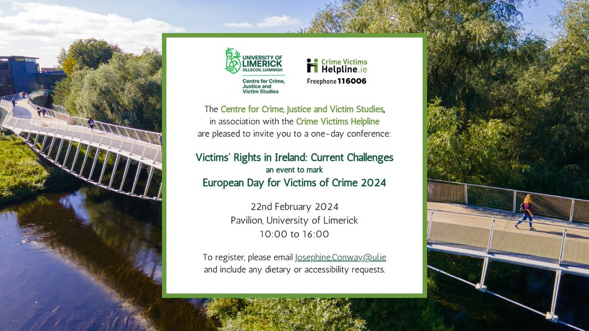 📅 CCJVS Conference 22 Feb 2024 Reminder: We are co-hosting an event with Victims Of Crime Helpline on 22 Feb 2024. This will be a great way to mark the European Day for Victims of Crime 2024! Registrations/RSVP's may be directed to josephine.conway@ul.ie