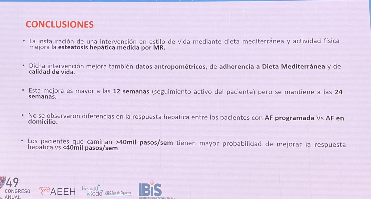 Intervención en ejercicio en pacientes con EHmet, nos cuenta <a href="/DraCarmenLara/">Carmen Lara</a>:

🥗Intervención en estilos de vida + dieta mediterránea mejora fibrosis medida por RM
🚶🏻Pacientes con >40mil pasos/semana más probabilidad de respuesta

#AEEH2024