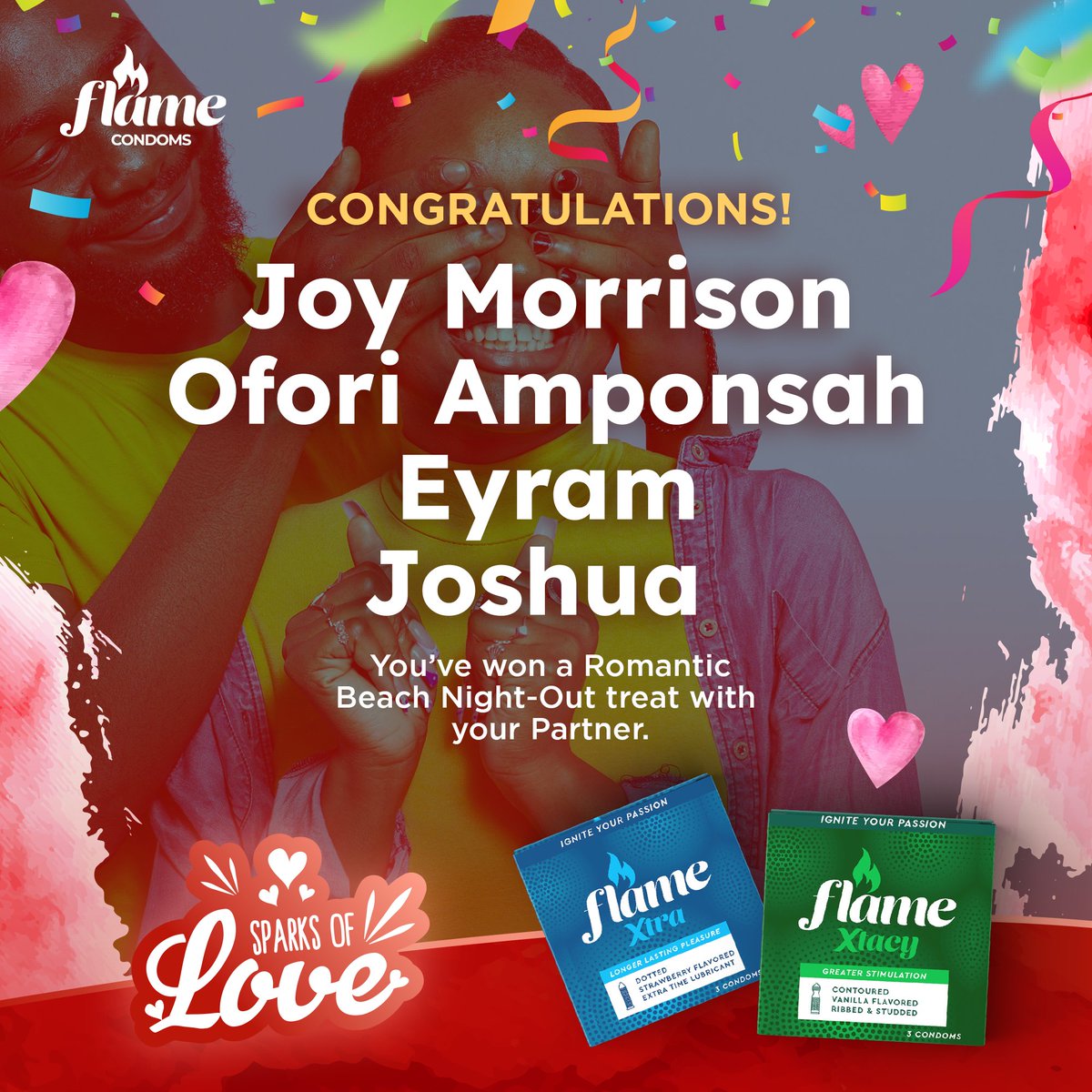 FlameCondomsGH's tweet photo. Congratulations to our lucky winners of the #SparksOfLove romantic treat. 
We can’t wait to host you 😉

#FlameCondoms #SparksOfLove #RomanticTreat #IgniteYourPassion https://t.co/38YQiMvPDY