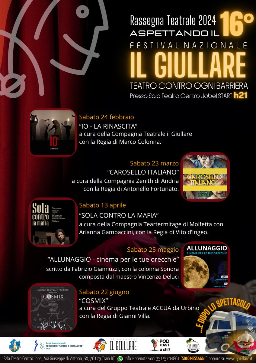 Giullare_Trani's tweet photo. 📷UFFICIALE!📷
Al via la 2^ rassegna "Aspettando il #festivalilgiullare" (XVI edizione)... in attesa di pubblicare il Bando per la XVI edizione de #ilgiullare che si svolgerà come ogni anno a Luglio prossimo. https://t.co/qaCrnMs7mV