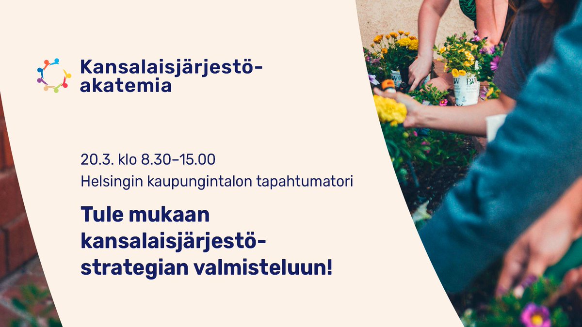 📢Kansalaisjärjestöakatemia 20.3.
"Yhteisiä toimintaedellytyksiä turvaamassa"

Ilmoittaudu⏳11.3. mennessä: link.webropol.com/s/kansalaisjar…

Lisää⤵️🔗

<a href="/Kansalaisareena/">Kansalaisareena ry</a>, <a href="/MLL_fi/">Mannerheimin Lastensuojeluliitto</a>, <a href="/Marttaliitto/">Marttaliitto</a>, <a href="/NKLry/">Näkövammaisten liitto</a>, <a href="/Olympiakomitea/">Olympiakomitea</a>, <a href="/nuorisoala/">Suomen nuorisoalan kattojärjestö Allianssi</a>, <a href="/Valli_ry/">VALLI</a>, <a href="/STEA_fi/">STEA</a>, <a href="/helsinki/">Helsingin kaupunki</a>, <a href="/oikeusmin/">Oikeusministeriö</a>, <a href="/VMuutiset/">Valtiovarainministeriö | Finansministeriet</a>