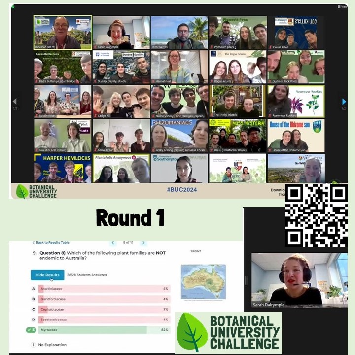 Botanical University Challenge #BUC2024. See happy faces of teams at the start, along with @SarahEDalrymple @BSBIbotany asking the questions and @hannah_con_bio controlling them. Also question on Australian plant families. Watch recording youtube.com/watch?v=1tdZu1…