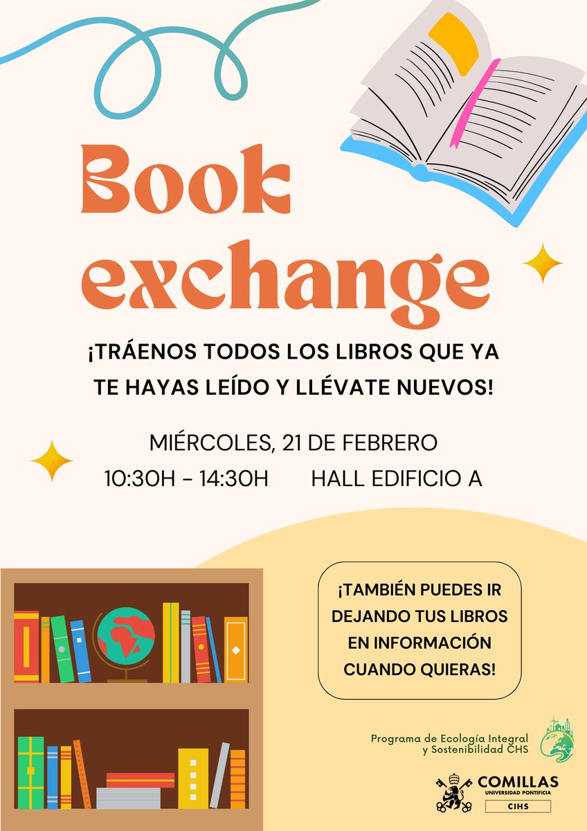 🌱Hola a todos! Os recordamos que el miércoles que viene tendremos el segundo Book Exchange del año. Será en el Hall del Edificio A a partir de las 10:30. 

¡Os esperamos! 📚

<a href="/UCOMILLAS/">Universidad Pontificia Comillas</a> <a href="/ComillasCHS/">ComillasCHS</a>